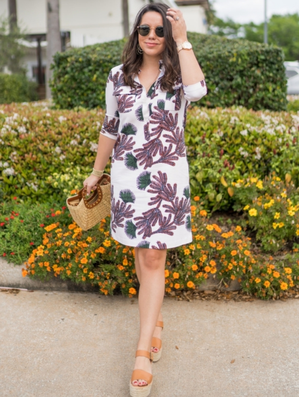 Persifor Winpenny Shirt Dress Tropical Leaf Print Tuckernuck Stretch Small - Picture 2 of 6
